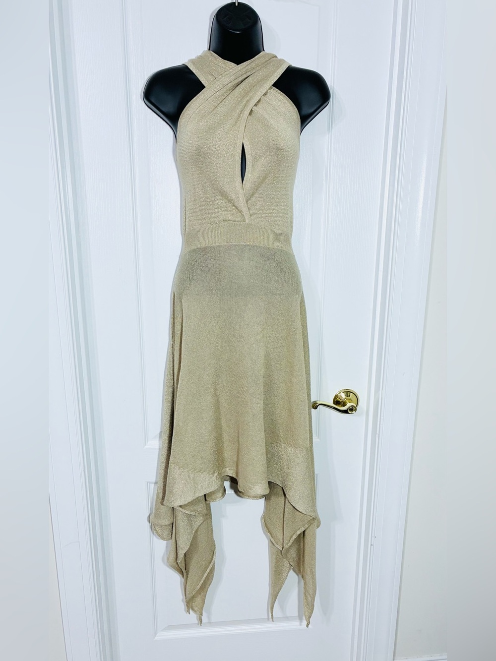 NWT Vertigo Gold Metallic Criss Cross Neck Handkerchief Hem Knit Dress Medium